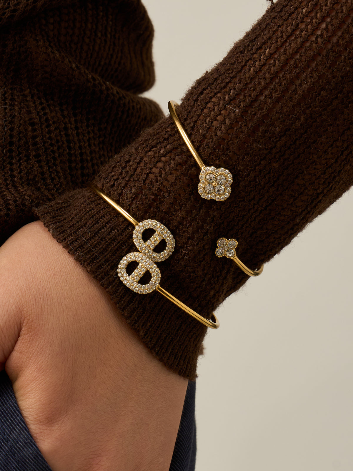 Crystal Motif Open Cuff Bracelet Collection