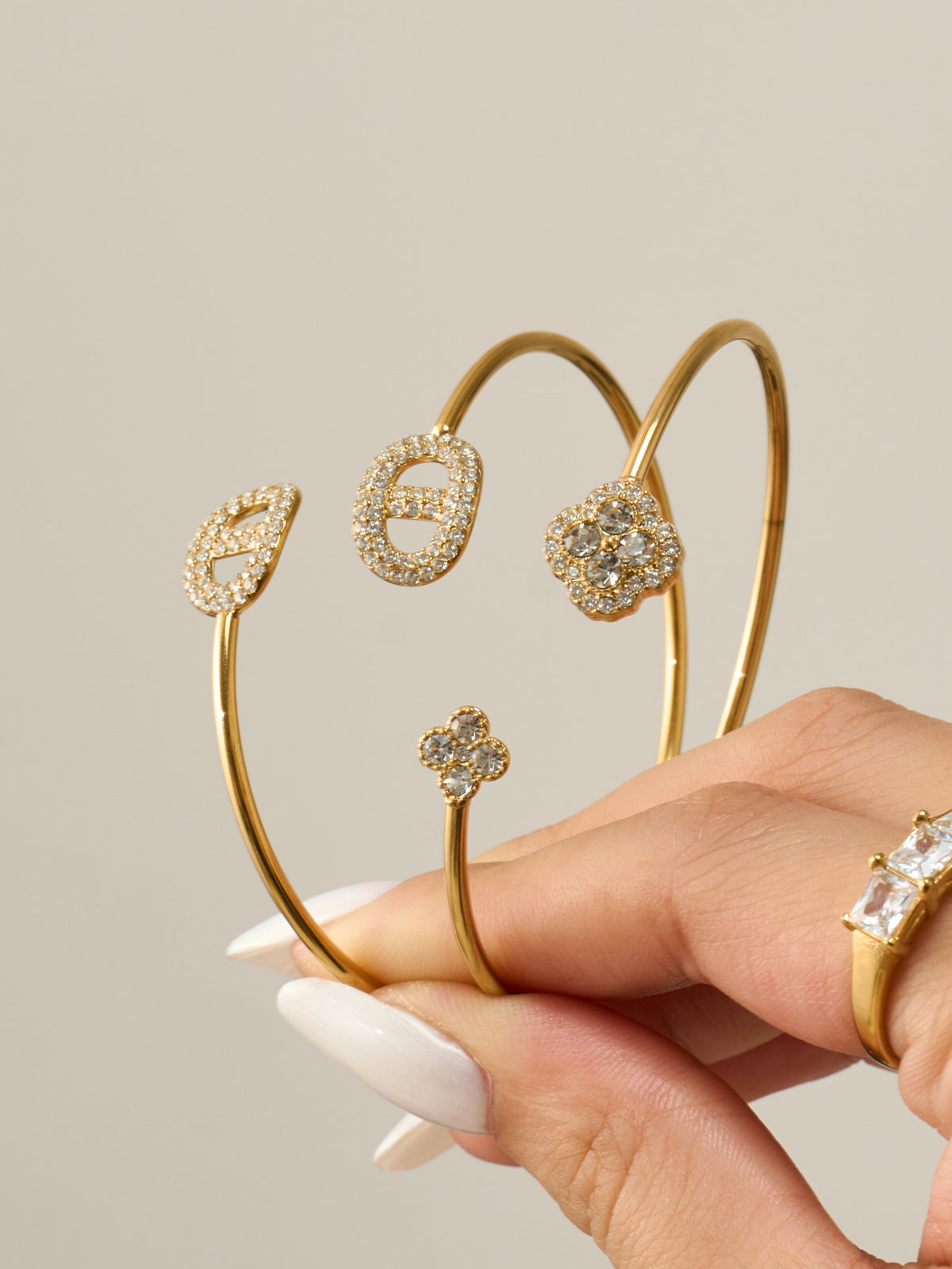 Crystal Motif Open Cuff Bracelet Collection