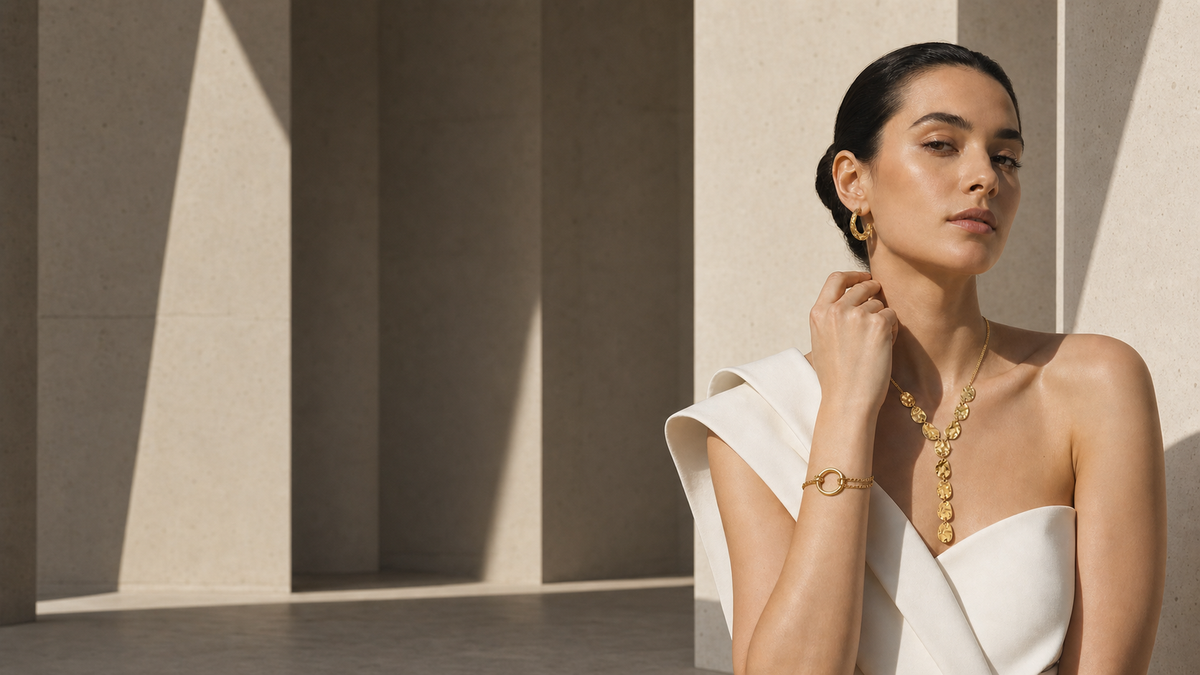 Woman wearing OVIAZEN gold necklace, hoop earrings and bracelet